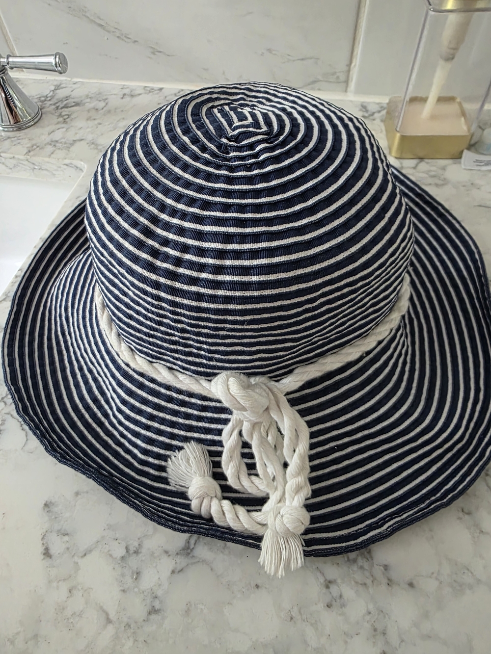Striped Navy & White Womens Scala Sun Hat with Braided Rope Accent
